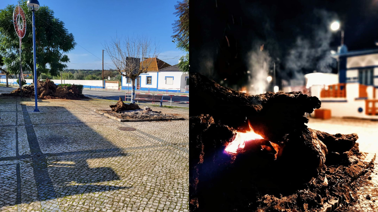 Madeiro de Natal aceso na aldeia de Santa Susana